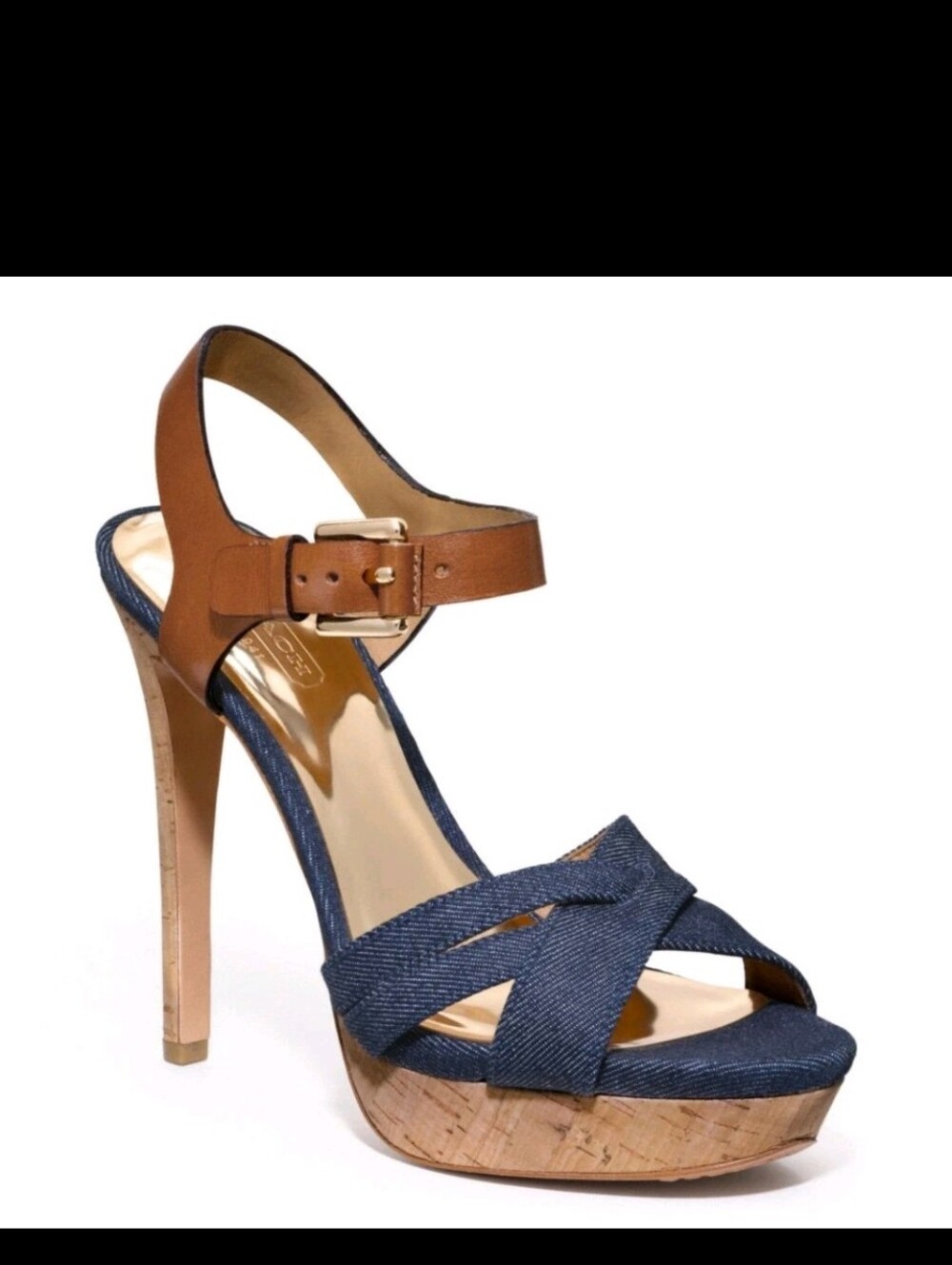 Coach Dani Denim & Leather Open Toe High Heel Platform Sandals